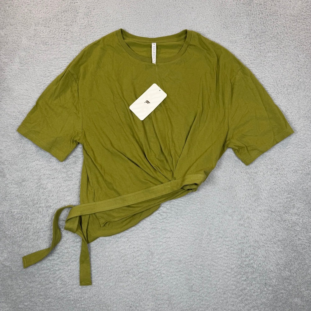 Fabletics Rue Tie T-Shirt Olive Green Cotton Wrap Front Short Sleeve Top M NWT